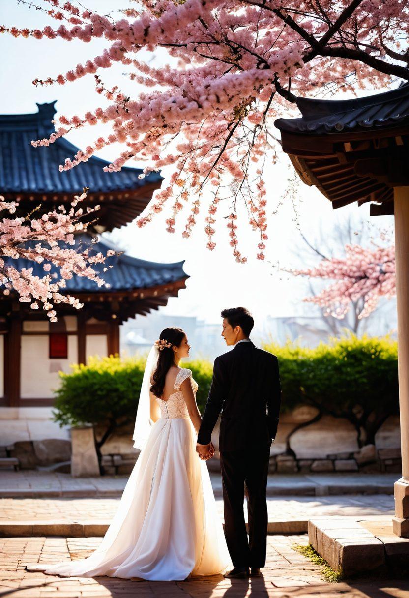 A tender moment between a couple from different Eastern cultures, gracefully holding hands under a blooming cherry blossom tree, with a backdrop of traditional architecture and soft sunlight filtering through. Include elements symbolizing passion and intimacy, like intertwined fabrics or delicate lanterns. super-realistic. vibrant colors. serene atmosphere.