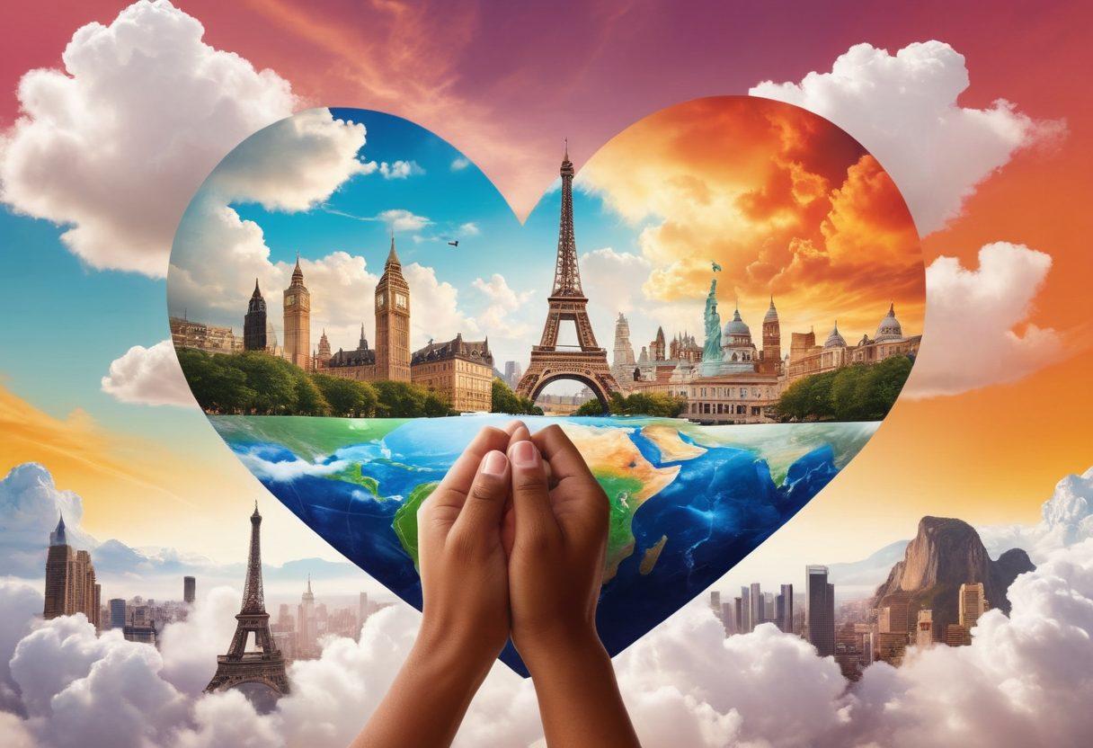 A vibrant collage featuring couples of diverse ethnicities holding hands against iconic landmarks from around the world. Soft heart-shaped clouds float above, symbolizing love, while a world map subtly integrates into the background. The couples are joyfully interacting, capturing moments of laughter and intimacy. Use bright, warm colors to evoke a sense of adventure and connection. super-realistic. vibrant colors. white background.