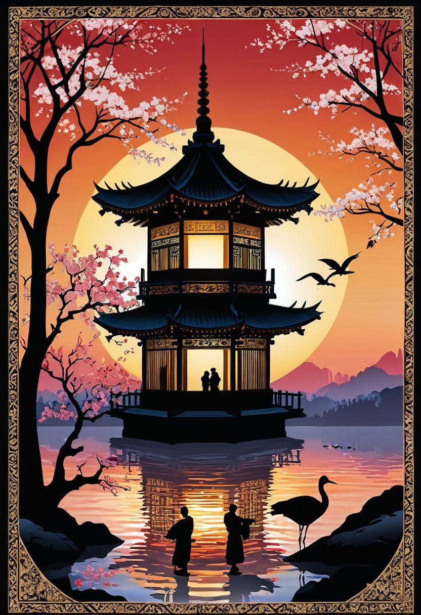 An intricate tapestry weaving together iconic symbols of Eastern love stories, such as cherry blossoms, lanterns, and traditional garments, depicting lovers from different cultures celebrating their bond. The background features a stunning sunset with silhouetted pagodas and graceful cranes flying. Soft, warm colors enhance the romantic atmosphere, inviting the viewer into a world of cultural unity and affection. vector art. vibrant colors. 3D effect.
